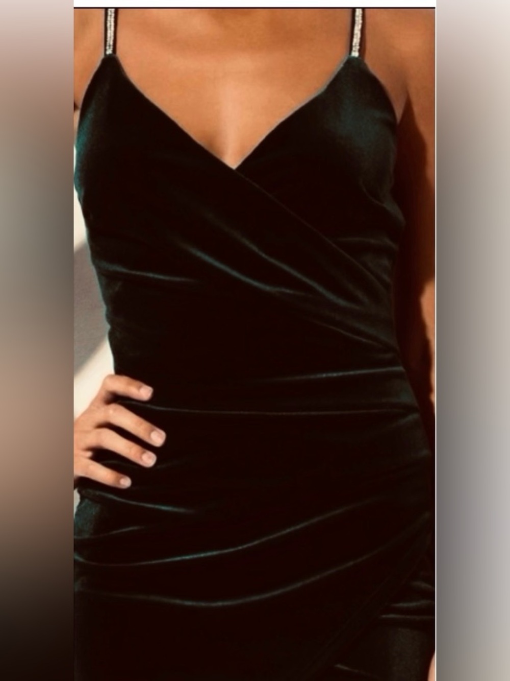 Astr Black Velvet Ruched Rhinestone Straps Midi Dress Size : L - Picture 2 of 7